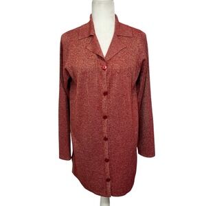 Susan Graver Style Red Gold Metallic Sparkle Knit Cardigan Tunic Top Medium